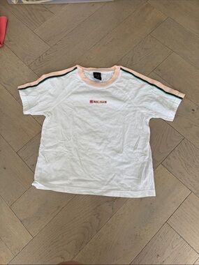 P.E Nation White Tee with Pink & Green Stripe Trim